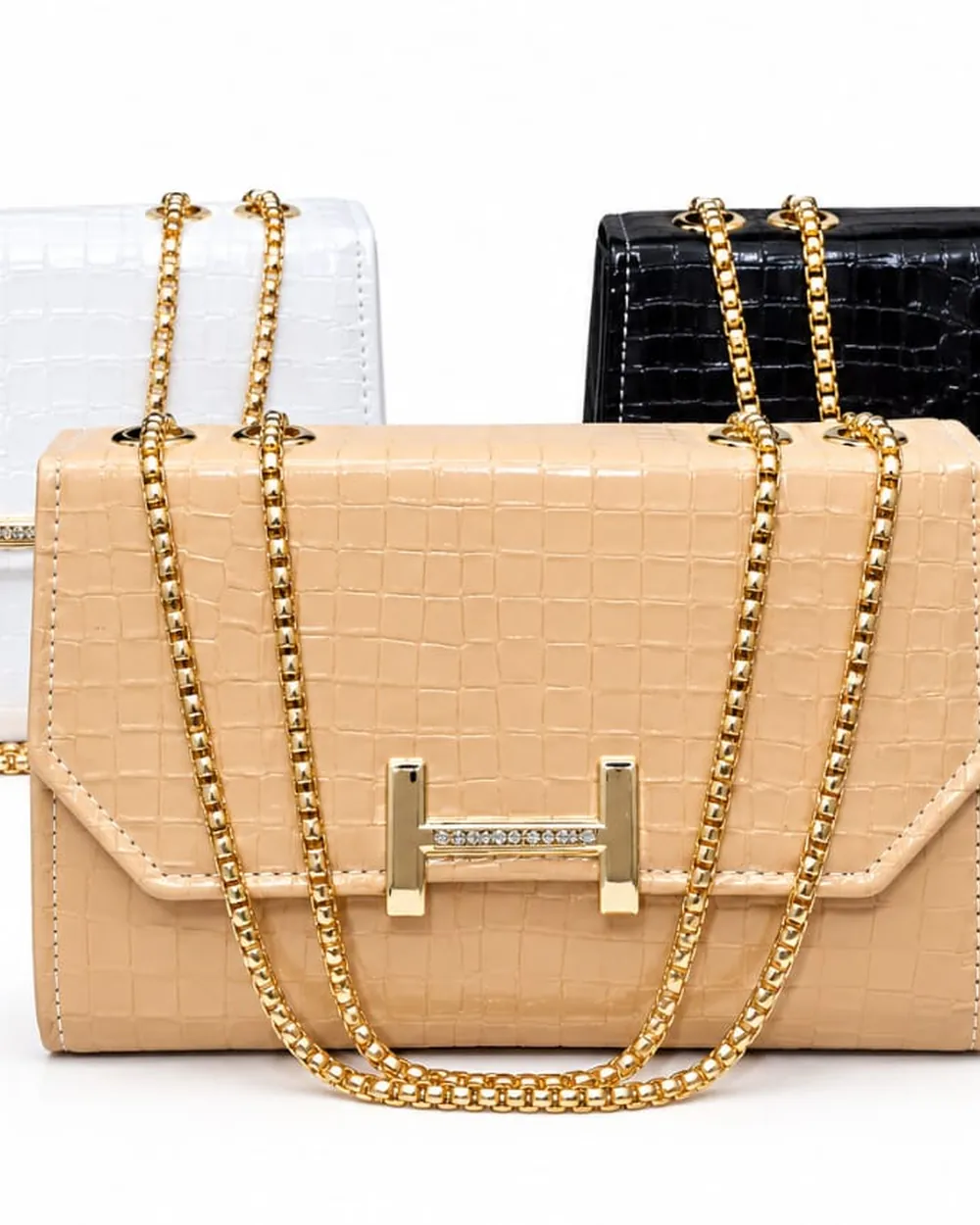 Croc texture chain bags in white, beige and black